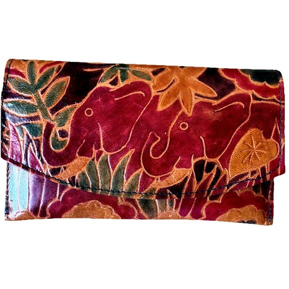 Hand Tooled Leather Wallet Elephants African Clutch Boho Eco Red Brown Handmade - Picture 1 of 9
